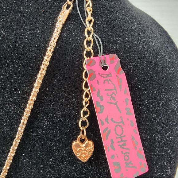 Betsey Johnson New Blue Aqua Crystals Heart Necklace Rose Gold Chain 28" NWT - Picture 2 of 8